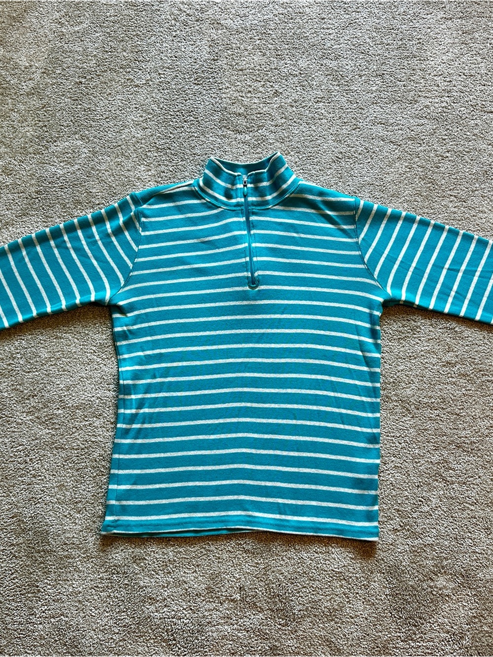 100% Cotton LL Bean Striped Teal Quarter-Zip Pullover